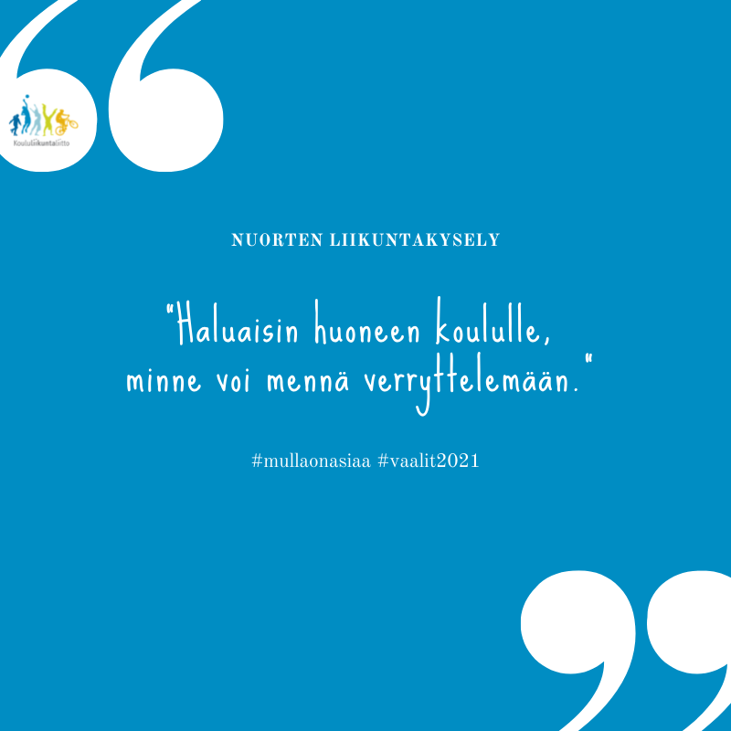 Nuorten liikuntakysely. "Haluaisin huoneen koululle, minne voi mennä verryttelemään. " #mullaonasiaa #vaalit2021