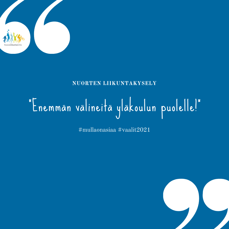 Nuorten liikuntakysely. "Enemmän välineitä yläkoulun puolelle! " #mullaonasiaa #vaalit2021