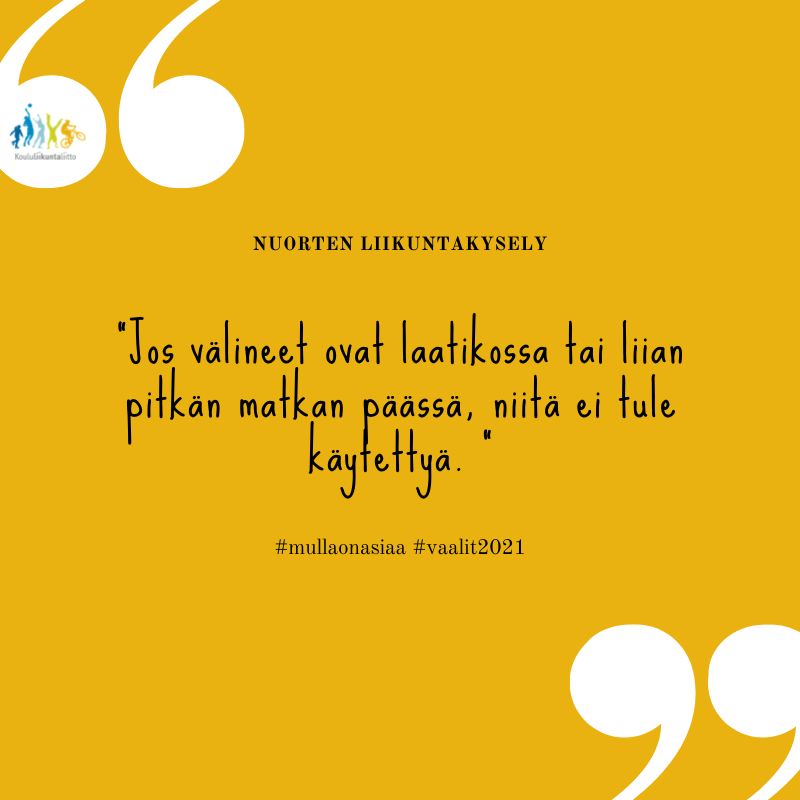 Nuorten liikuntakysely. "Jos välineet ovat laatikossa tai liian pitkän matkan päässä, niitä ei tule käytettyä. " #mullaonasiaa #vaalit2021