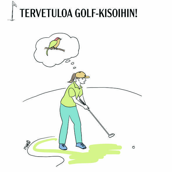 Piirroksessa tyttö puttaamassa golfputtia ja haaveilee birdiestä